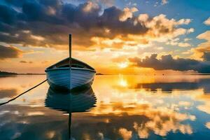 uma barco é sentado em a água às pôr do sol. gerado por IA foto