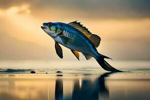 uma peixe é pulando Fora do a água às pôr do sol. gerado por IA foto