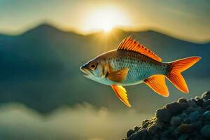 uma peixe é em pé em uma Rocha dentro frente do uma lago. gerado por IA foto