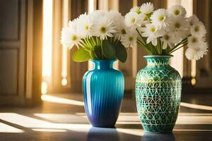 dois vasos com branco flores sentado em uma mesa. gerado por IA foto