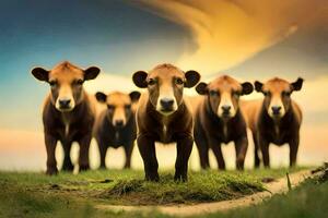uma grupo do vacas em pé dentro uma campo. gerado por IA foto