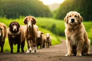 uma grupo do cachorros em pé em uma estrada. gerado por IA foto