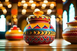 colorida cerâmica em de madeira mesa. gerado por IA foto