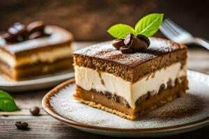 dois peças do bolo com chocolate e creme em topo. gerado por IA foto