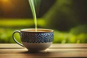 uma copo do café em uma mesa com uma verde campo. gerado por IA foto