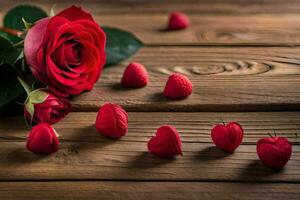 vermelho rosas e vermelho doces em uma de madeira mesa. gerado por IA foto