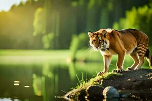 uma tigre em pé em a Beira do uma lago. gerado por IA foto