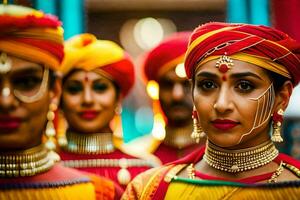 indiano mulheres dentro tradicional vestuário às uma casamento. gerado por IA foto