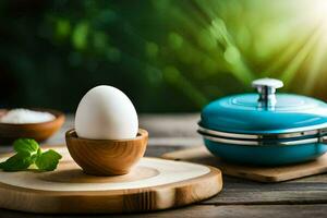 a ovo é sentado em uma de madeira mesa com uma azul frigideira. gerado por IA foto