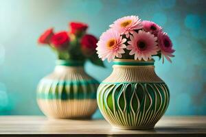 dois vasos com flores em uma mesa. gerado por IA foto