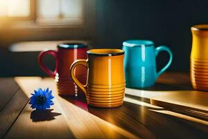 colorida café canecas em uma de madeira mesa. gerado por IA foto