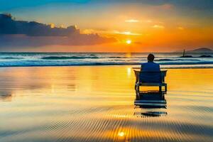 uma homem senta em uma Banco em a de praia às pôr do sol. gerado por IA foto