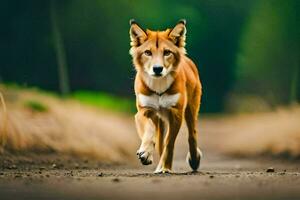 uma vermelho cachorro corrida em uma sujeira estrada. gerado por IA foto