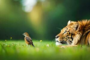 uma tigre e uma pássaro dentro a selvagem. gerado por IA foto