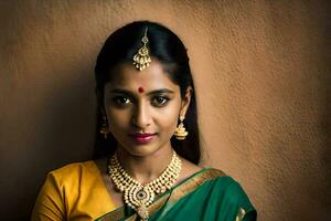 uma lindo indiano mulher vestindo uma verde sari e ouro joia. gerado por IA foto