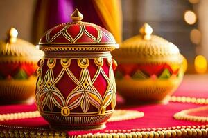 dourado vasos em vermelho toalha de mesa com ouro decorações. gerado por IA foto