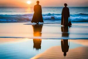 dois pessoas caminhando em a de praia às pôr do sol. gerado por IA foto