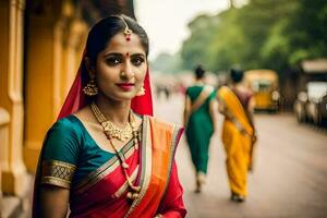 uma lindo indiano mulher dentro tradicional roupas. gerado por IA foto