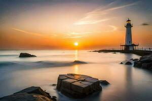 uma farol carrinhos em a costa do uma corpo do água às pôr do sol. gerado por IA foto