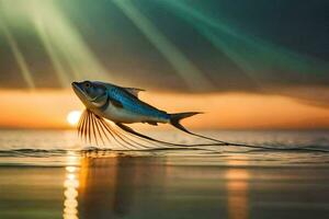 uma peixe é vôo dentro a ar às pôr do sol. gerado por IA foto