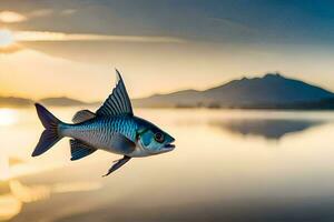 uma peixe é vôo sobre uma lago às pôr do sol. gerado por IA foto