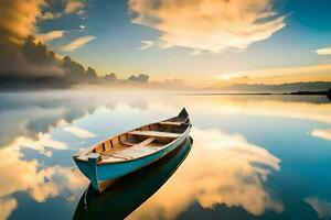 uma barco flutuando em uma calma lago com nuvens refletindo dentro a água. gerado por IA foto