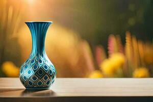 uma azul vaso sentado em uma de madeira mesa dentro frente do uma campo. gerado por IA foto