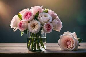 uma ramalhete do Rosa rosas dentro uma vidro vaso em uma mesa. gerado por IA foto