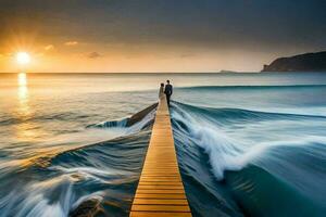 uma casal em pé em uma de madeira cais dentro a oceano. gerado por IA foto