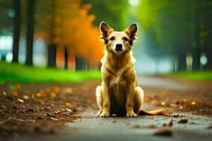 uma cachorro sentado em a estrada dentro a meio do uma floresta. gerado por IA foto