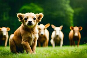 uma pequeno Castanho cachorro é em pé dentro a Relva com de outros vacas. gerado por IA foto