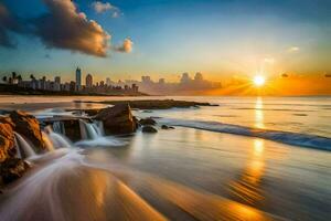 a Sol sobe sobre a cidade Horizonte. gerado por IA foto