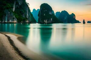 a de praia e montanhas dentro Halong baía, Vietnã. gerado por IA foto