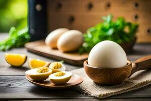 ovos e limões em uma de madeira mesa. gerado por IA foto