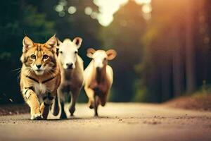 uma gato e dois ovelha caminhando baixa uma estrada. gerado por IA foto