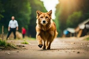 uma cachorro caminhando baixa uma estrada com pessoas dentro a fundo. gerado por IA foto