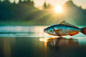 uma peixe é em pé em a água às pôr do sol. gerado por IA foto