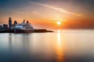 uma cruzeiro navio dentro a oceano às pôr do sol. gerado por IA foto