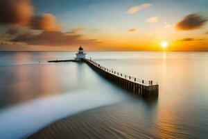 uma grandes exposição fotografia do uma farol às pôr do sol. gerado por IA foto