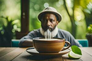 uma homem dentro uma chapéu sentado às uma mesa com uma copo do café. gerado por IA foto