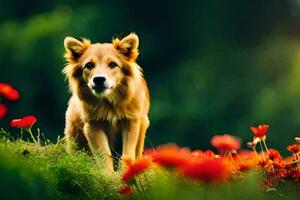 uma cachorro é em pé dentro uma campo do vermelho flores gerado por IA foto