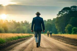 uma homem dentro uma terno e chapéu caminhando baixa uma sujeira estrada. gerado por IA foto