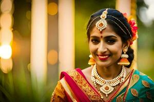 uma lindo indiano noiva sorridente dentro uma tradicional sári. gerado por IA foto