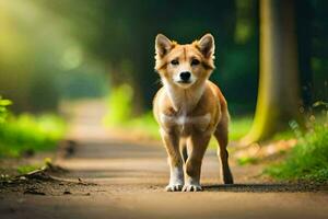 uma cachorro é caminhando baixa uma caminho dentro a madeiras. gerado por IA foto