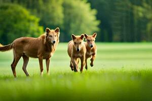 três Castanho cachorros corrida dentro a grama. gerado por IA foto