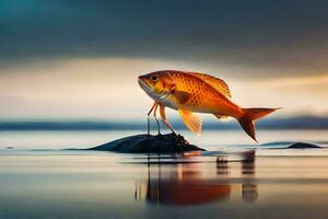 uma peixe é em pé em uma Rocha dentro a água. gerado por IA foto