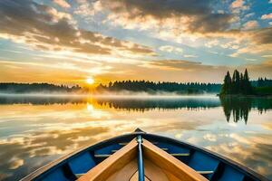 a barco é em a lago às pôr do sol. gerado por IA foto