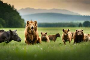 uma grupo do animais dentro uma campo. gerado por IA foto