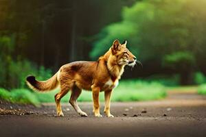 uma vermelho Lobo em pé em uma estrada dentro a madeiras. gerado por IA foto