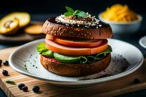 uma sanduíche com carne, queijo e legumes em uma placa. gerado por IA foto